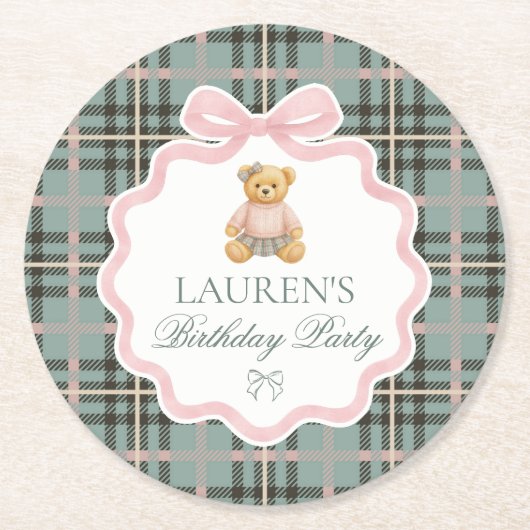 Pink Coquette Bow Bear Plaid Birthday  ラウンドペーパーコースター (正面)