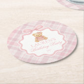 Pink Coquette Bow Bear Plaid Birthday  ラウンドペーパーコースター (アングル)