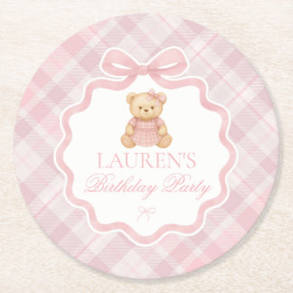 Pink Coquette Bow Bear Plaid Birthday ラウンドペーパーコースター
