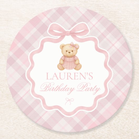 Pink Coquette Bow Bear Plaid Birthday  ラウンドペーパーコースター (正面)