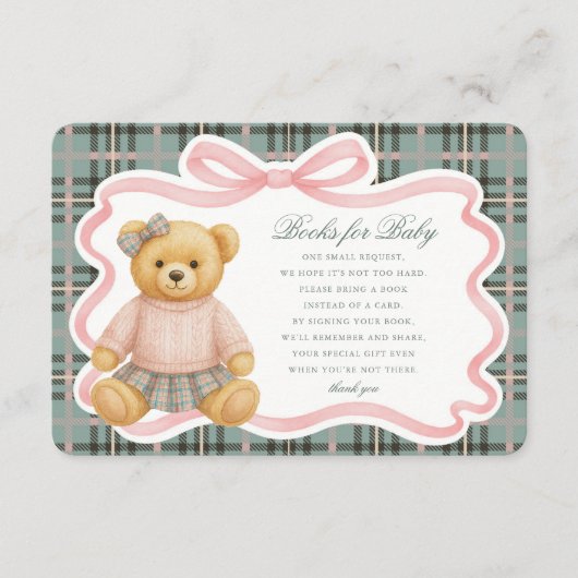 Pink Coquette Bow Bear Plaid Books for Baby Card エンクロージャーカード (正面)