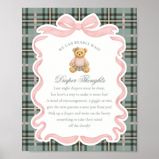 Pink Coquette Bow Bear Plaid Diaper Thoughts ポスター (正面)
