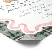 Pink Coquette Bow Bear Plaid Party Favors Sign ポスター (角)