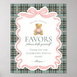 Pink Coquette Bow Bear Plaid Party Favors Sign ポスター