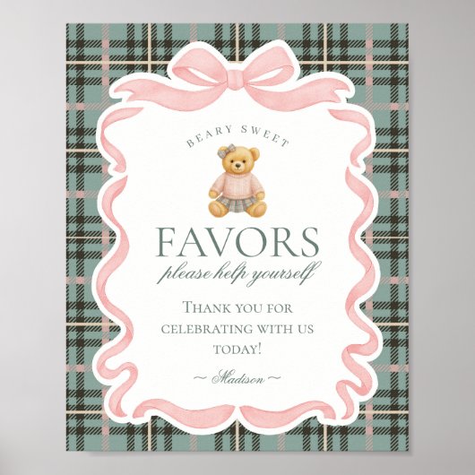 Pink Coquette Bow Bear Plaid Party Favors Sign ポスター (正面)