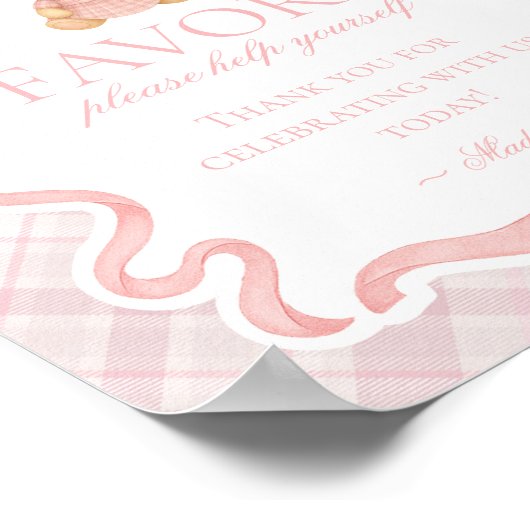 Pink Coquette Bow Bear Plaid Party Favors Sign ポスター (角)