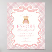 Pink Coquette Bow Bear Plaid Party Favors Sign ポスター (正面)