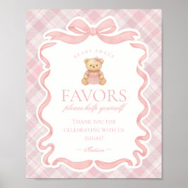Pink Coquette Bow Bear Plaid Party Favors Sign ポスター