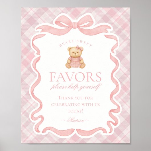 Pink Coquette Bow Bear Plaid Party Favors Sign ポスター (正面)
