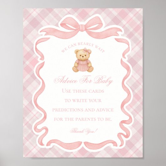 Pink Coquette Bow Bear Shower Advice for Baby ポスター (正面)