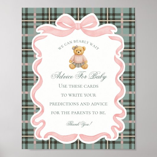 Pink Coquette Bow Bear Shower Advice for Baby ポスター (正面)
