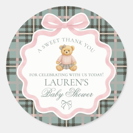 Pink Coquette Bow Bear Tartan Baby Shower Favor ラウンドシール (正面)