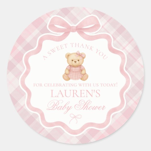 Pink Coquette Bow Bear Tartan Baby Shower Favor ラウンドシール (正面)