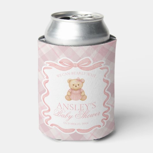Pink Coquette Bow Bear Tartan Baby Shower Favor 缶クーラー (缶正面)
