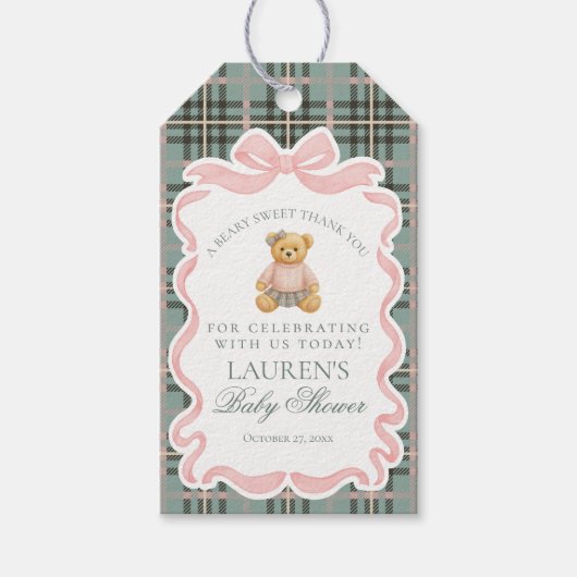Pink Coquette Bow Bear Tartan Baby Shower Favors ギフトタグ (正面)