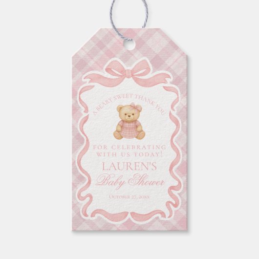 Pink Coquette Bow Bear Tartan Baby Shower Favors ギフトタグ (正面)