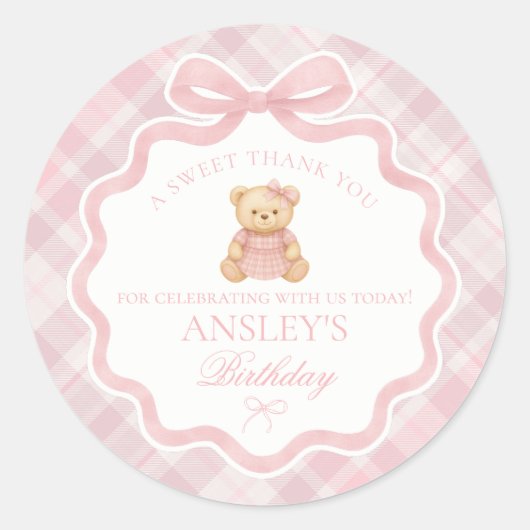 Pink Coquette Bow Bear Tartan Birthday Favor ラウンドシール (正面)