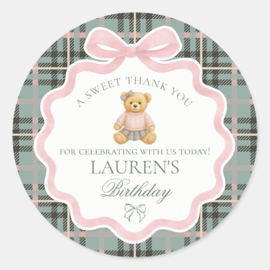 Pink Coquette Bow Bear Tartan Birthday Favor ラウンドシール (正面)