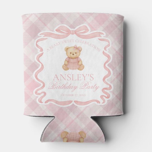 Pink Coquette Bow Bear Tartan Birthday Favor 缶クーラー (裏面)