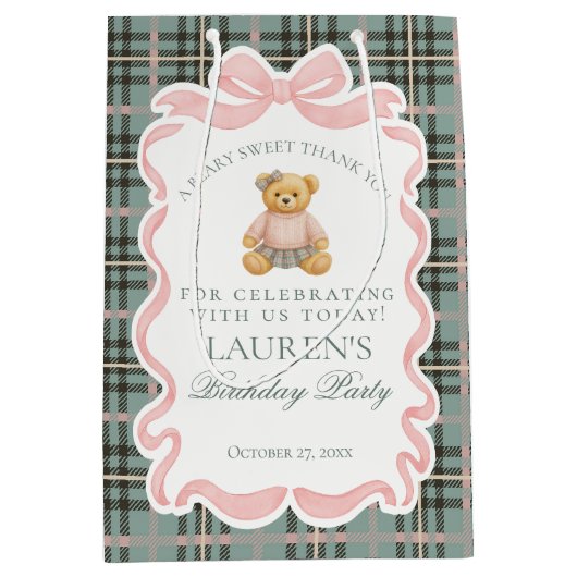 Pink Coquette Bow Bear Tartan Birthday Favors ミディアムペーパーバッグ (正面)