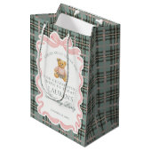 Pink Coquette Bow Bear Tartan Birthday Favors ミディアムペーパーバッグ (正面アングル)