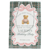 Pink Coquette Bow Bear Tartan Birthday Favors ミディアムペーパーバッグ (裏面)