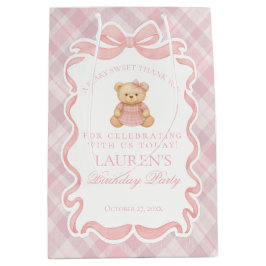 Pink Coquette Bow Bear Tartan Birthday Favors ミディアムペーパーバッグ