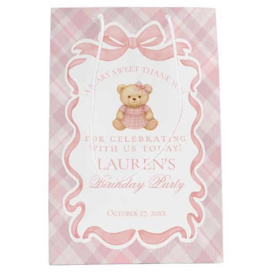 Pink Coquette Bow Bear Tartan Birthday Favors ミディアムペーパーバッグ (正面)