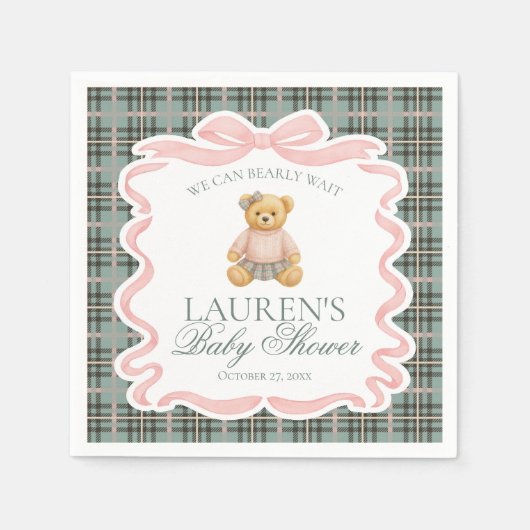 Pink Coquette Bow Bear Tartan Plaid Baby Shower スタンダードカクテルナプキン (正面)