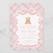 Pink Coquette Bow Bear Tartan Plaid Baby Shower 招待状 (正面/裏面)