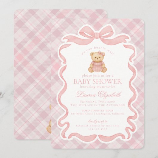 Pink Coquette Bow Bear Tartan Plaid Baby Shower 招待状 (正面/裏面)