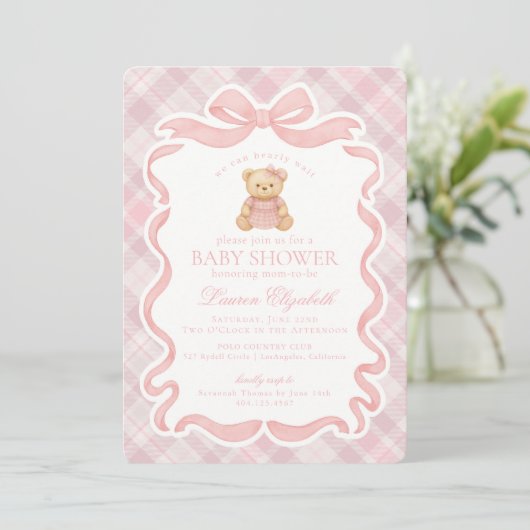 Pink Coquette Bow Bear Tartan Plaid Baby Shower 招待状 (スタンド正面)