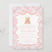 Pink Coquette Bow Bear Tartan Plaid Baby Shower 招待状 (正面)