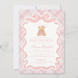 Pink Coquette Bow Bear Tartan Plaid Baby Shower 招待状
