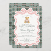 Pink Coquette Bow Bear Tartan Plaid Baby Shower 招待状 (正面/裏面)