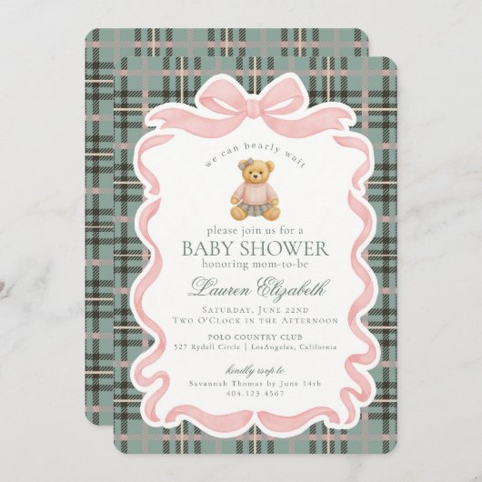 Pink Coquette Bow Bear Tartan Plaid Baby Shower 招待状 (正面/裏面)