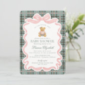 Pink Coquette Bow Bear Tartan Plaid Baby Shower 招待状 (スタンド正面)