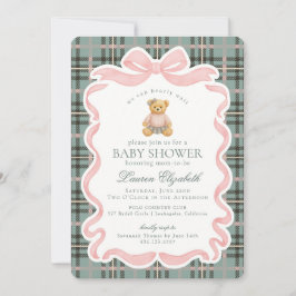 Pink Coquette Bow Bear Tartan Plaid Baby Shower 招待状