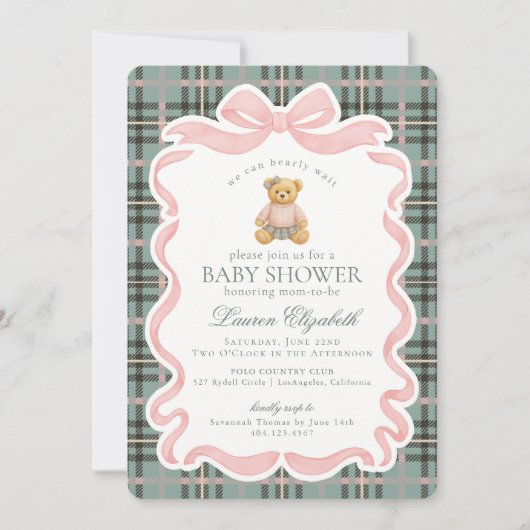 Pink Coquette Bow Bear Tartan Plaid Baby Shower 招待状 (正面)