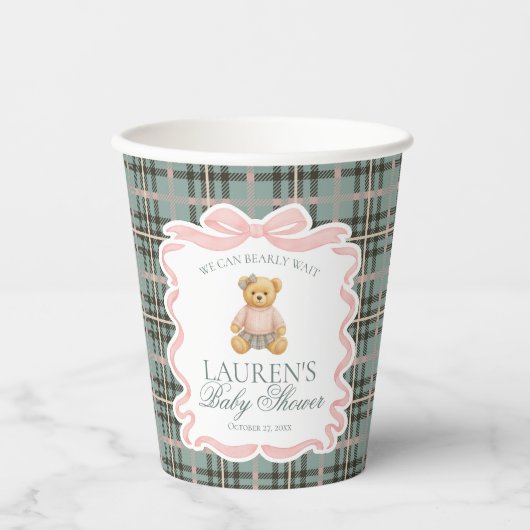 Pink Coquette Bow Bear Tartan Plaid Baby Shower 紙コップ (正面)