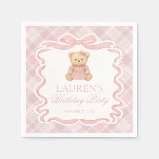 Pink Coquette Bow Bear Tartan Plaid Birthday スタンダードカクテルナプキン (正面)