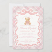 Pink Coquette Bow Bear Tartan Plaid Birthday 招待状 (正面)