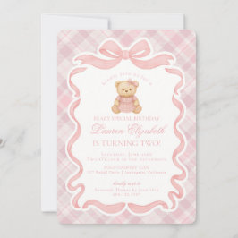 Pink Coquette Bow Bear Tartan Plaid Birthday 招待状