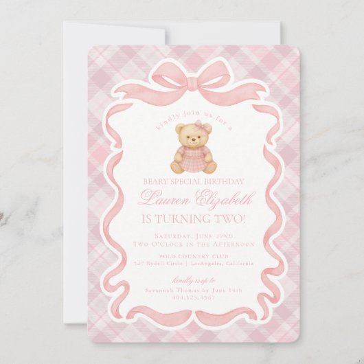 Pink Coquette Bow Bear Tartan Plaid Birthday 招待状 (正面)