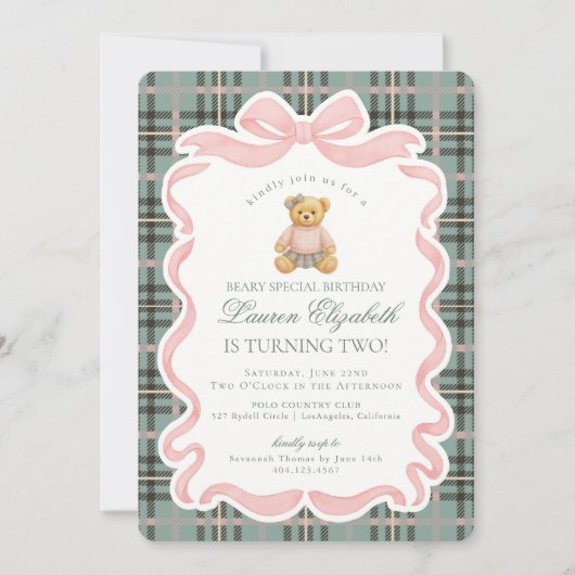 Pink Coquette Bow Bear Tartan Plaid Birthday 招待状 (正面)