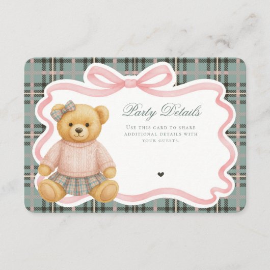 Pink Coquette Bow Bear Tartan Plaid Details Card エンクロージャーカード (正面)