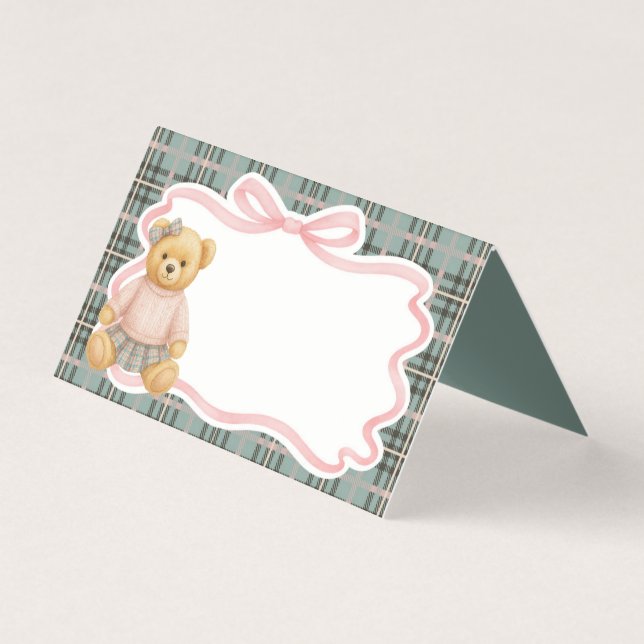 Pink Coquette Bow Bear Tartan Plaid Place Card (正面)