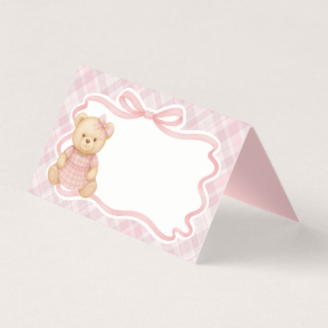 Pink Coquette Bow Bear Tartan Plaid Place Card (正面)
