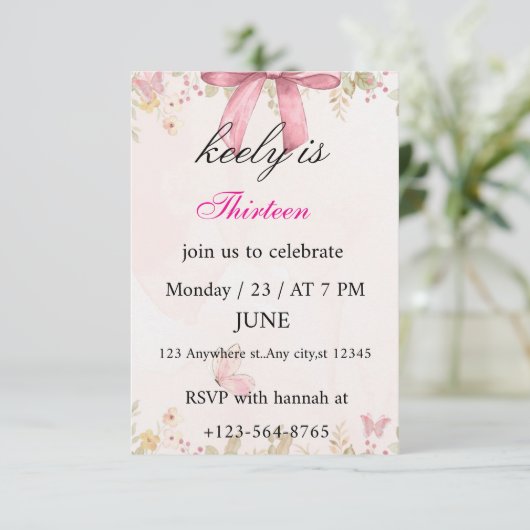 Pink Coquette Bow Birthday Invitation サンキューカード (スタンド正面)