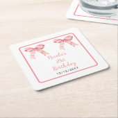 Pink Coquette Bow Birthday Party スクエアペーパーコースター (アングル)
